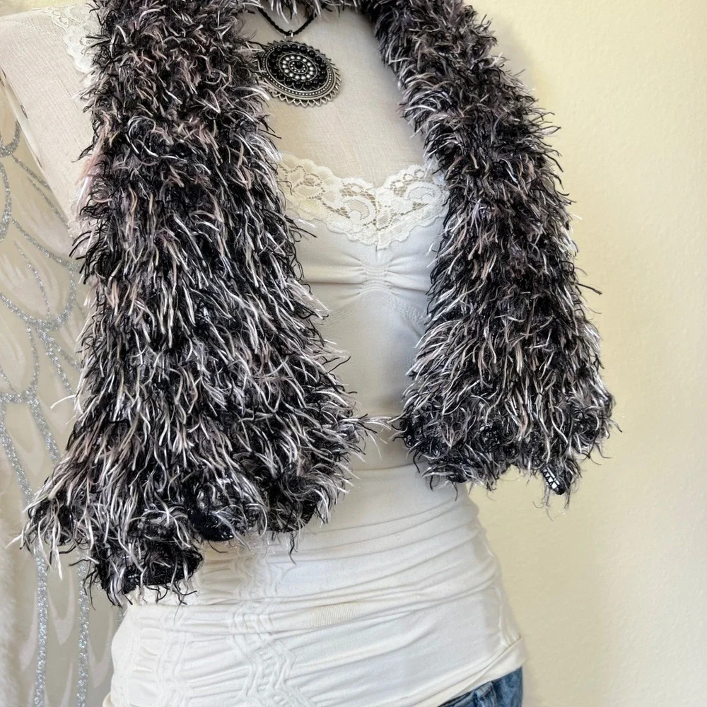 Black and White Fuzzy Eyelash Knit Scarf Soft Textured Y2K Rave Soft Girl Grunge